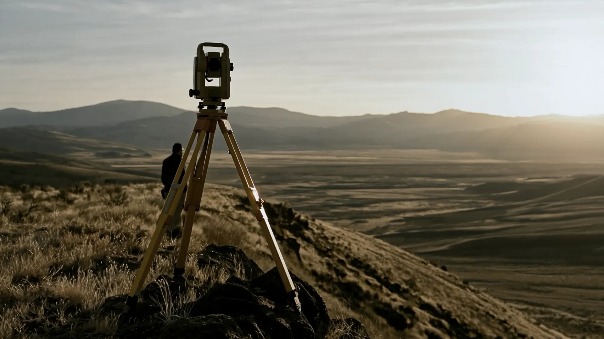 A total station on a ridge above a desert valley, a surveyor beside it.