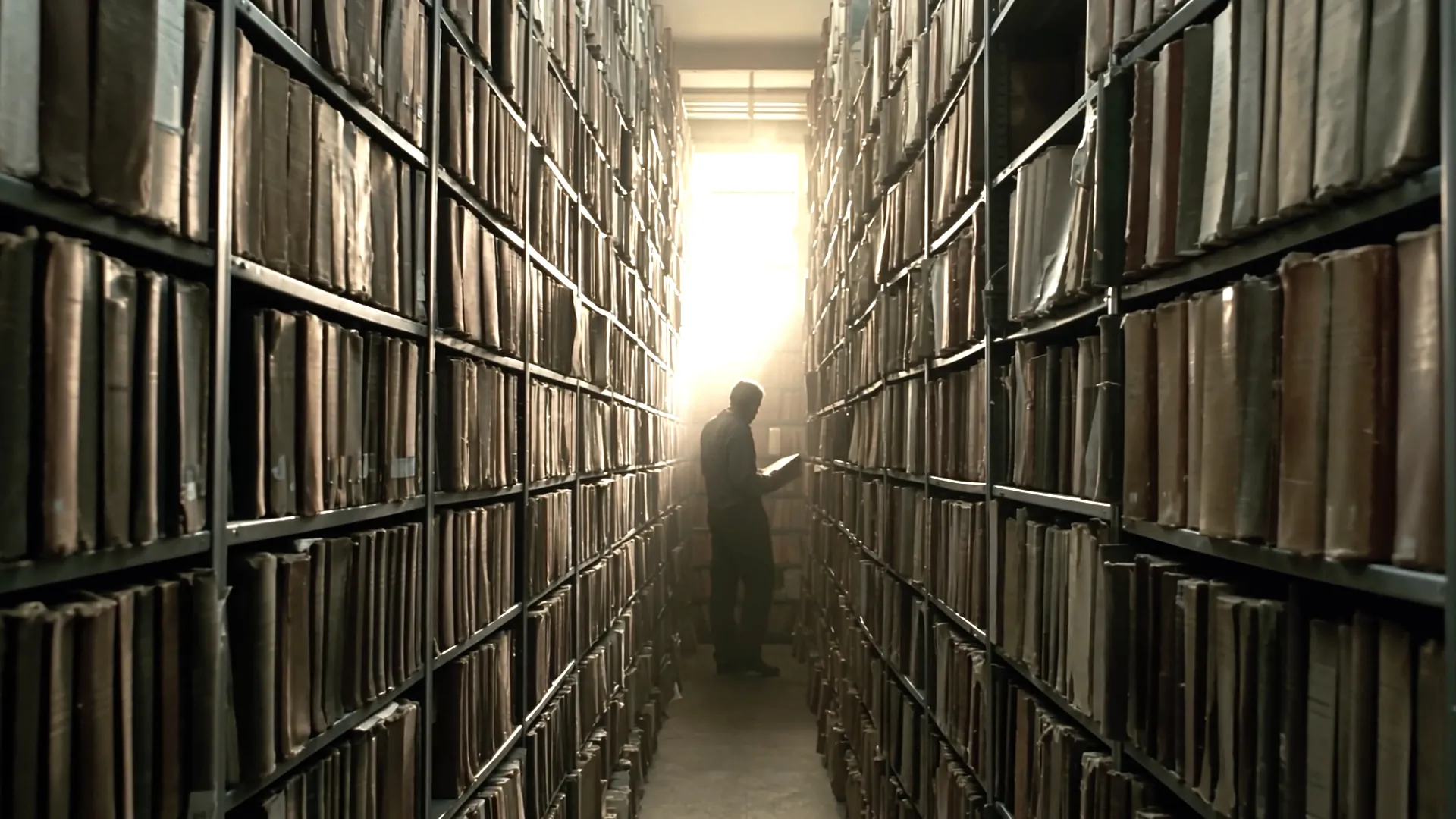 A person reading a deed book between the shelves of a county records vault.