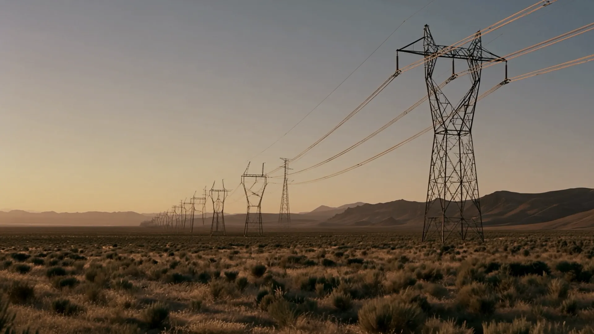 Transmission towers crossing a desert valley at dusk.
