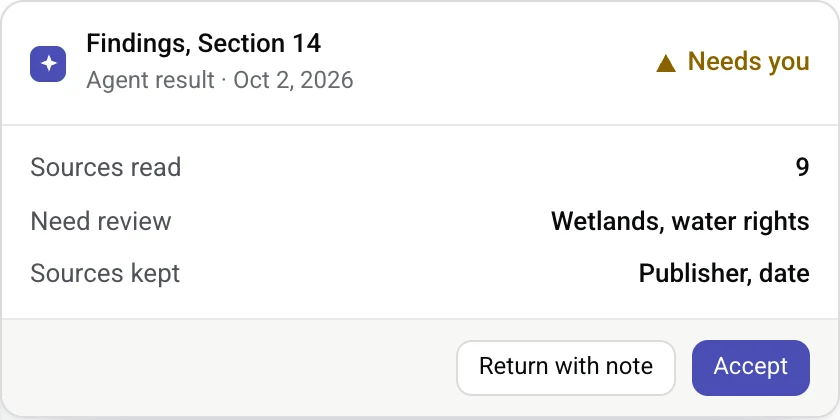 Product screen: agent findings for Section 14 waiting for a person. Example data.