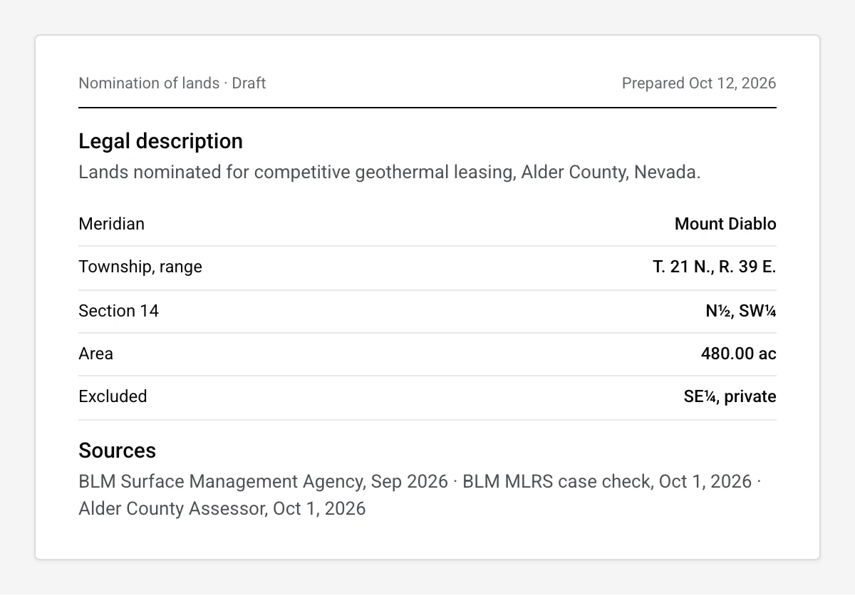 Product screen: a BLM nomination draft listing Section 14, north half and southwest quarter, 480 acres. Example data.
