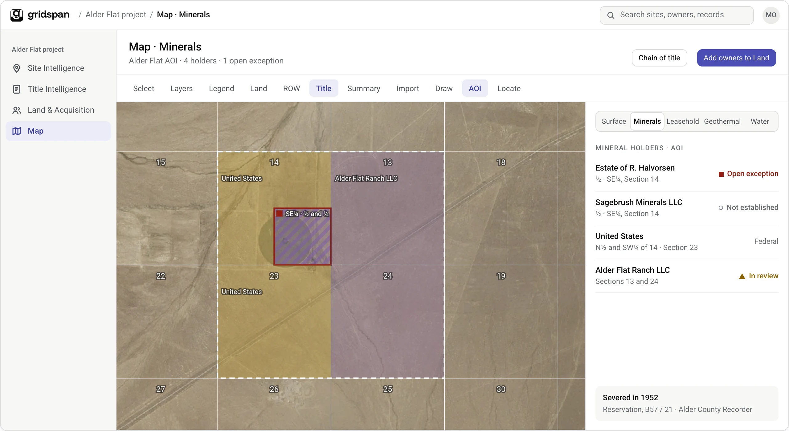 Product screen: the map with the mineral estate selected, showing each holder in the AOI and an open exception on the southeast quarter of Section 14. Example data.