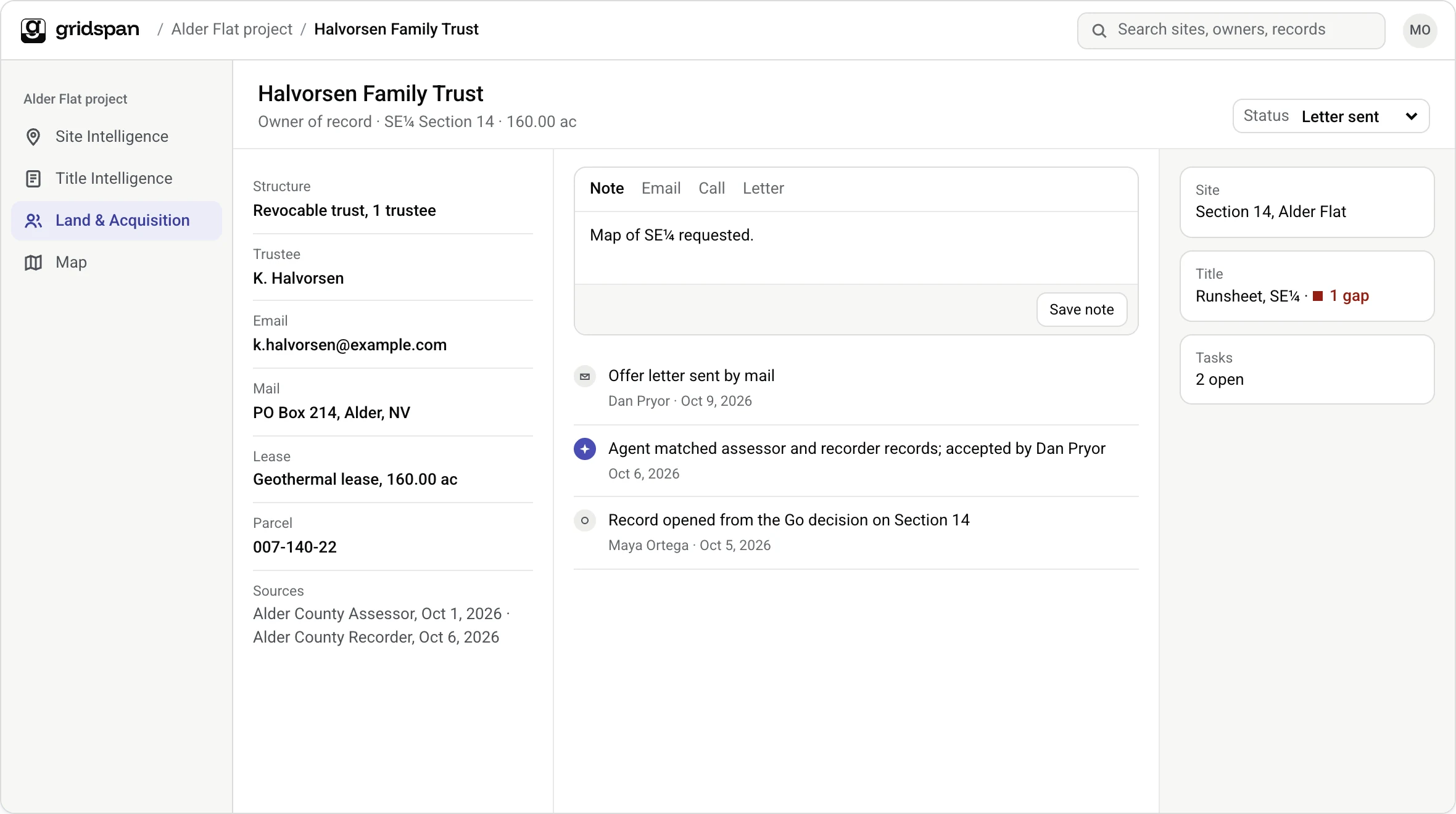 Product screen: owner record for the Halvorsen Family Trust with status, lease and timeline. Example data.